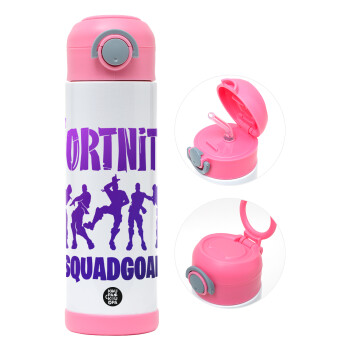 Fortnite #squadgoals, Children's hot water bottle, stainless steel, with safety straw, PINK (500ml)
