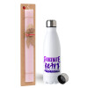 Easter Set, metallic stainless steel water bottle (750ml) & scented flat Easter candle (30cm) (PINK)