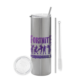 Fortnite #squadgoals, Eco friendly stainless steel Silver tumbler 600ml, with metal straw & cleaning brush