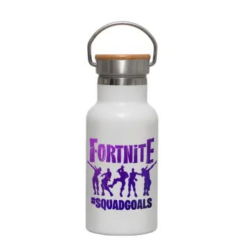 Fortnite #squadgoals, Μεταλλικό παγούρι θερμός (Stainless steel) Λευκό με ξύλινο καπακι (bamboo), διπλού τοιχώματος, 350ml