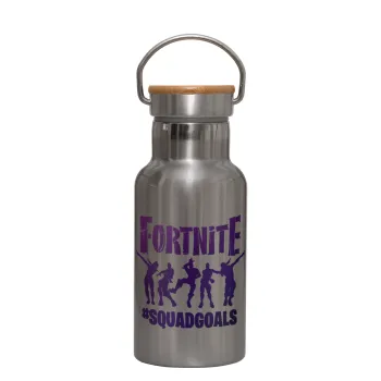 Fortnite #squadgoals, Μεταλλικό παγούρι θερμός (Stainless steel) Ασημένιο με ξύλινο καπακι (bamboo), διπλού τοιχώματος, 350ml