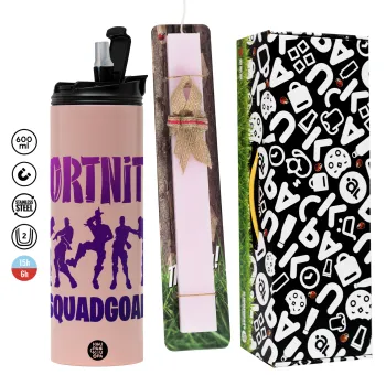 Fortnite #squadgoals, Easter candle,Travel Tumbler 2 Lids, with metal straw & cleaning brush & aromatic flat candle (30cm) (PINK)