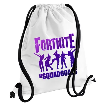 Fortnite #squadgoals, Τσάντα πλάτης πουγκί GYMBAG λευκή, με τσέπη (40x48cm) & χονδρά κορδόνια