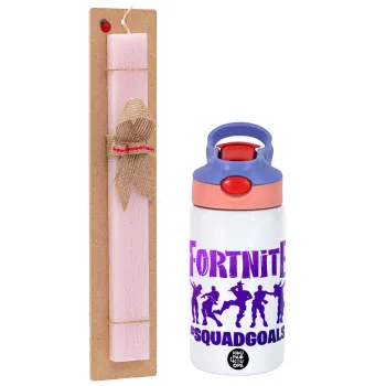 Fortnite #squadgoals, Easter Set, Children's thermal stainless steel water bottle with safety straw, pink/purple (350ml) & Easter scented flat candle (30cm) (PINK)