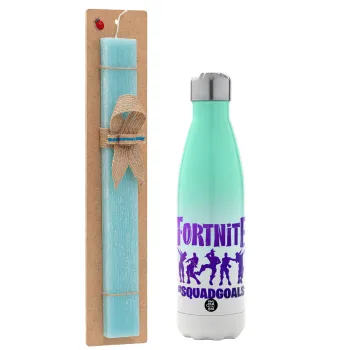 Fortnite #squadgoals, Easter Set, Metallic green/white thermos (Stainless steel), double-walled, 500ml & scented flat Easter candle (30cm) (TURQUOISE)