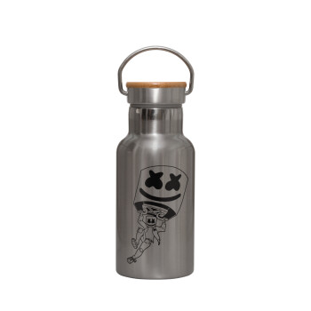 Fortnite Marshmello, Stainless steel metallic thermos flask, silver with a bamboo lid, double-walled, 350ml.