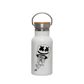 Fortnite Marshmello, Metallic thermos (Stainless steel) White with wooden lid (bamboo), double-walled, 350ml