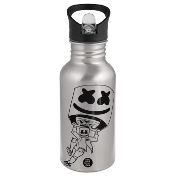 Fortnite Marshmello, Water bottle Silver with straw, stainless steel 500ml