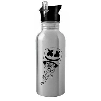 Fortnite Marshmello, Water bottle Silver with straw, stainless steel 600ml