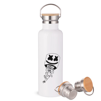 Fortnite Marshmello, Stainless steel White with wooden lid (bamboo), double wall, 750ml