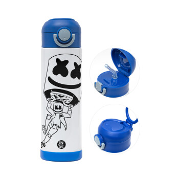 Fortnite Marshmello, Children's hot water bottle, stainless steel, with safety straw, BLUE (500ml)