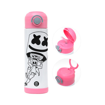 Fortnite Marshmello, Children's hot water bottle, stainless steel, with safety straw, PINK (500ml)