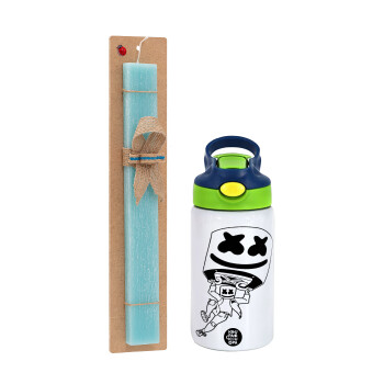 Fortnite Marshmello, Easter Set, Children's thermal stainless steel bottle with safety straw, green/blue (350ml) & aromatic flat Easter candle (30cm) (TURQUOISE)