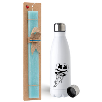 Fortnite Marshmello, Easter Set, metallic stainless steel water bottle (750ml) & aromatic flat Easter candle (30cm) (TURQUOISE)