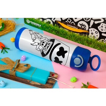 Fortnite Marshmello, Easter candle, Childrens hot water bottle, stainless steel, with safety straw, BLUE (500ml)