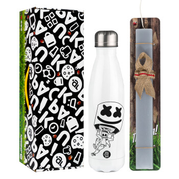 Fortnite Marshmello, Easter candle, metallic white thermos bottle (500ml) & aromatic flat candle (30cm) (GRAY)