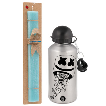 Fortnite Marshmello, Easter Set, metallic silver aluminum water bottle (500ml) & scented flat Easter candle (30cm) (TURQUOISE)