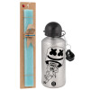 Easter Set, metallic silver aluminum water bottle (500ml) & scented flat Easter candle (30cm) (TURQUOISE)