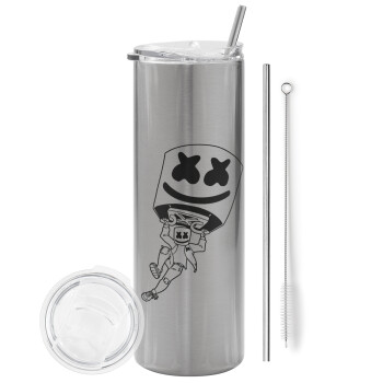 Fortnite Marshmello, Eco friendly stainless steel Silver tumbler 600ml, with metal straw & cleaning brush