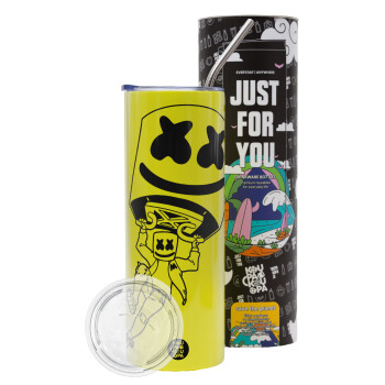 Fortnite Marshmello, Neon Yellow Travel Tumbler θερμό, μεταλλικό καλαμάκι(Ανωξείδωτο 304 Food grade, BPA free, 600ml)