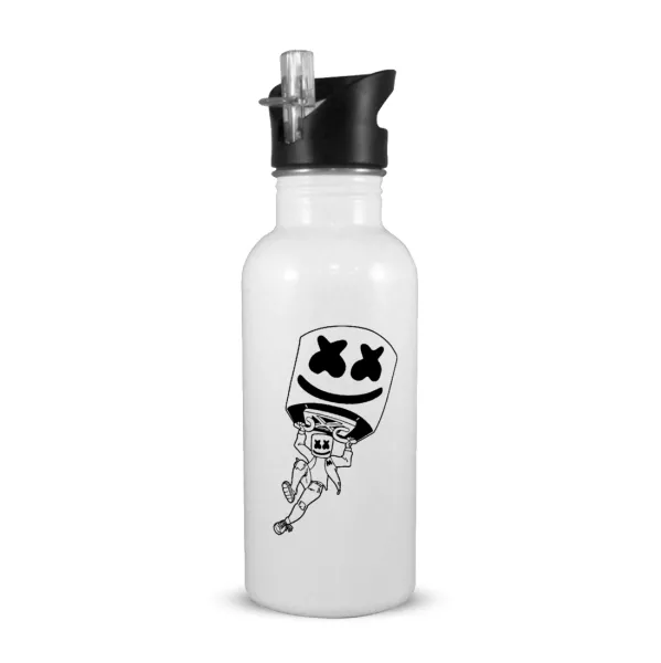 Fortnite Marshmello — White water bottle with straw, stainless steel 600ml