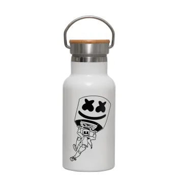 Fortnite Marshmello, Μεταλλικό παγούρι θερμός (Stainless steel) Λευκό με ξύλινο καπακι (bamboo), διπλού τοιχώματος, 350ml
