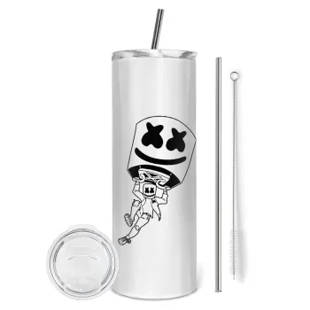 Fortnite Marshmello, Tumbler ποτήρι θερμό από ανοξείδωτο ατσάλι 600ml, με μεταλλικό καλαμάκι & βούρτσα καθαρισμού