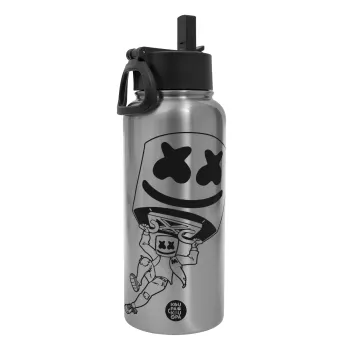 Fortnite Marshmello, Μεταλλικό παγούρι θερμός Silver με καλαμάκι και χερούλι (Stainless steel), διπλού τοιχώματος, 950ml