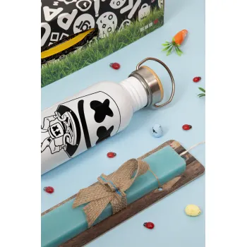 Fortnite Marshmello, Πασχαλινή Λαμπάδα με παγούρι μεταλλικό Ασημένιο αλουμινίου (500ml) & κερί αρωματικό πλακέ (30cm) (ΤΙΡΚΟΥΑΖ)