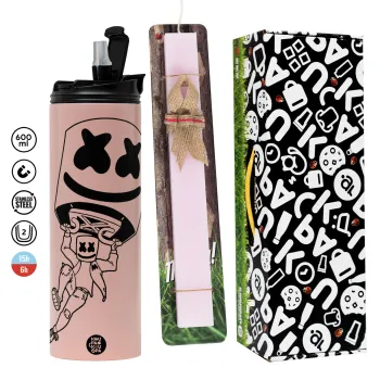 Fortnite Marshmello, Easter candle,Travel Tumbler 2 Lids, with metal straw & cleaning brush & aromatic flat candle (30cm) (PINK)