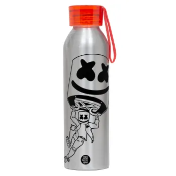 Fortnite Marshmello, Αλουμινένιο Αθλητικό Μπουκάλι 650ml – Ασημί με Κόκκινο Καπάκι και Λουράκι Σιλικόνης