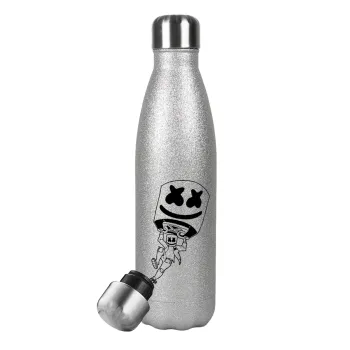 Fortnite Marshmello, Metallic Glitter Silver Thermos Flask (Stainless steel), double-walled, 500ml