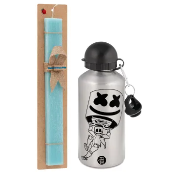 Fortnite Marshmello, Easter Set, metallic silver aluminum water bottle (500ml) & scented flat Easter candle (30cm) (TURQUOISE)