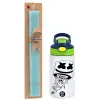 Easter Set, Children's thermal stainless steel bottle with safety straw, green/blue (350ml) & aromatic flat Easter candle (30cm) (TURQUOISE)
