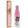 Easter Set, Metallic pink/white (Stainless steel) thermos, double-walled, 500ml & aromatic flat Easter candle (30cm) (PINK)