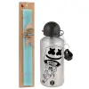 Easter Set, metallic silver aluminum water bottle (500ml) & scented flat Easter candle (30cm) (TURQUOISE)