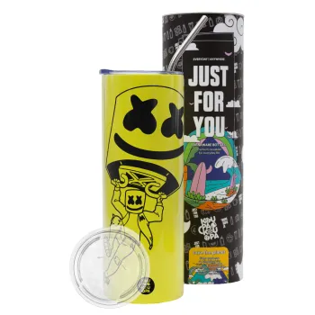 Fortnite Marshmello, Neon Yellow Travel Tumbler θερμό, μεταλλικό καλαμάκι(Ανωξείδωτο 304 Food grade, BPA free, 600ml)