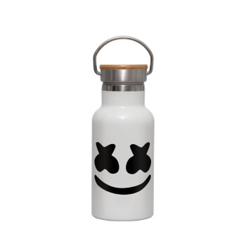 Marshmello, Μεταλλικό παγούρι θερμός (Stainless steel) Λευκό με ξύλινο καπακι (bamboo), διπλού τοιχώματος, 350ml