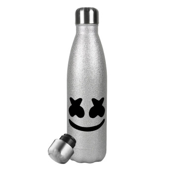 Marshmello, Μεταλλικό παγούρι θερμός Glitter Aσημένιο (Stainless steel), διπλού τοιχώματος, 500ml