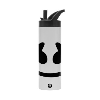 Marshmello, Metallic thermos bottle with straw & handle, stainless steel (Stainless steel 304), double-walled, 600ml.