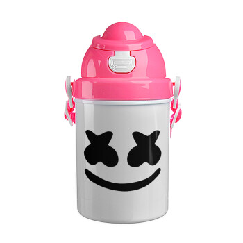 Marshmello, Ροζ παιδικό παγούρι πλαστικό (BPA-FREE) με καπάκι ασφαλείας, κορδόνι και καλαμάκι, 400ml