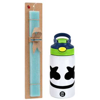 Marshmello, Easter Set, Children's thermal stainless steel bottle with safety straw, green/blue (350ml) & aromatic flat Easter candle (30cm) (TURQUOISE)