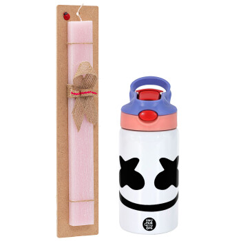 Marshmello, Πασχαλινό Σετ, Παιδικό παγούρι θερμό, ανοξείδωτο, με καλαμάκι ασφαλείας, ροζ/μωβ (350ml) & πασχαλινή λαμπάδα αρωματική πλακέ (30cm) (ΡΟΖ)