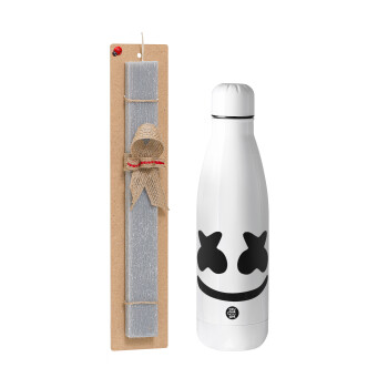 Marshmello, Easter Set, metallic stainless thermos bottle (500ml) & scented flat Easter candle (30cm) (GRAY)