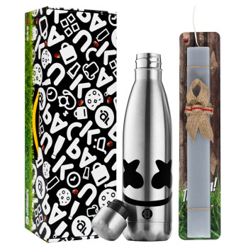 Marshmello, Easter Set, metallic stainless thermos flask (500ml) & scented flat Easter candle (30cm) (GRAY)