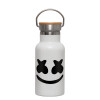 Metallic thermos (Stainless steel) White with wooden lid (bamboo), double-walled, 350ml