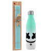 Easter Set, Metallic green/white thermos (Stainless steel), double-walled, 500ml & scented flat Easter candle (30cm) (TURQUOISE)