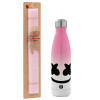 Easter Set, Metallic pink/white (Stainless steel) thermos, double-walled, 500ml & aromatic flat Easter candle (30cm) (PINK)