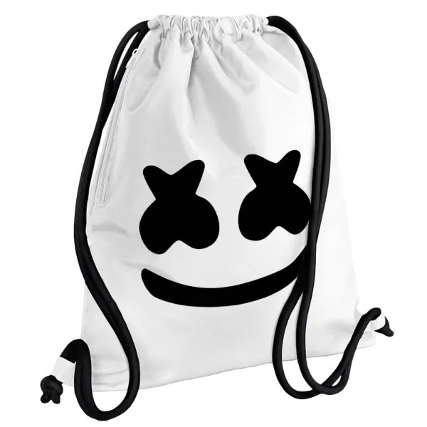 Marshmello — Τσάντα πλάτης πουγκί GYMBAG λευκή, με τσέπη (40x48cm) & χονδρά κορδόνια