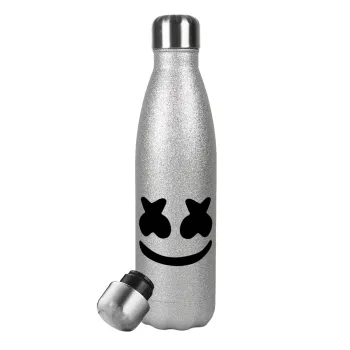 Marshmello, Μεταλλικό παγούρι θερμός Glitter Aσημένιο (Stainless steel), διπλού τοιχώματος, 500ml